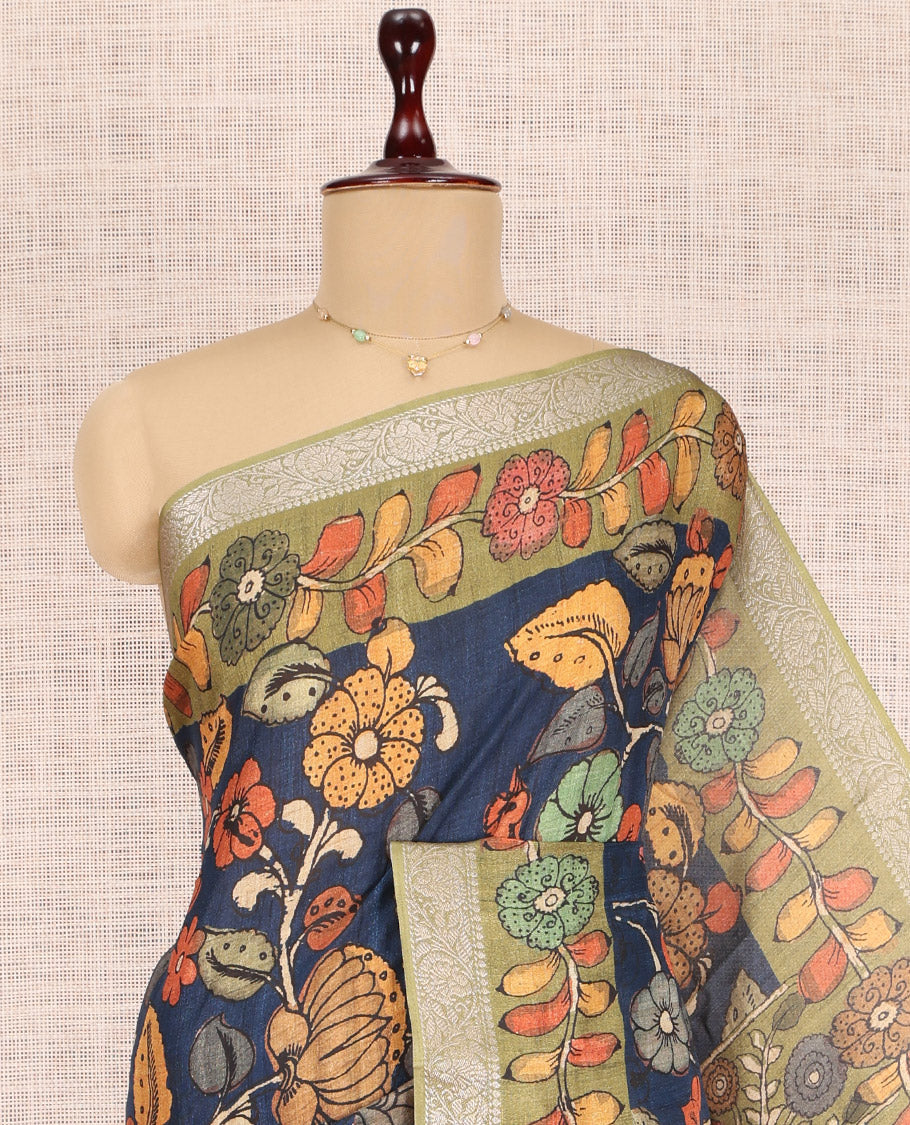 Navy Blue Kalamkari Printed Fancy Tussar Saree