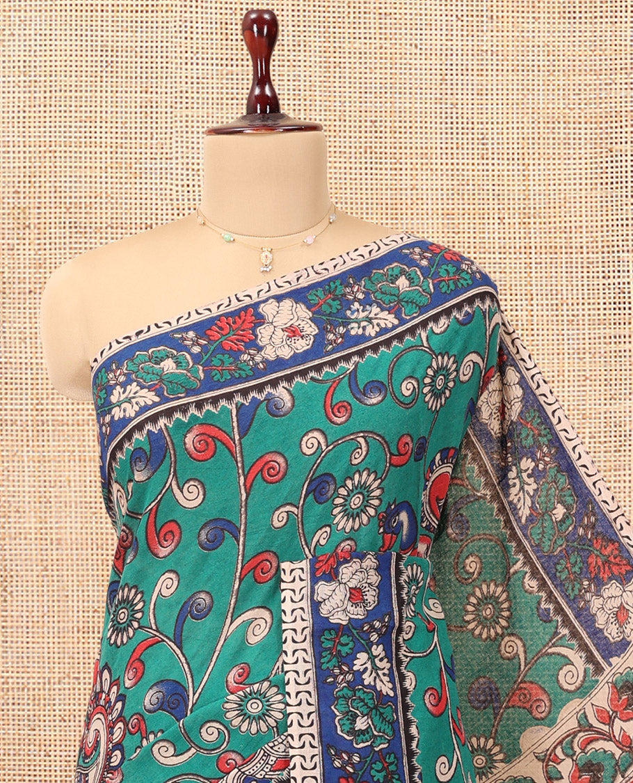 Blue Kalamkari Cotton Saree, Adorned with Floral Vine Print, Contrast Printed Border, Kalamkari Paisley Motifs Pallu, and a Contrast Blouse