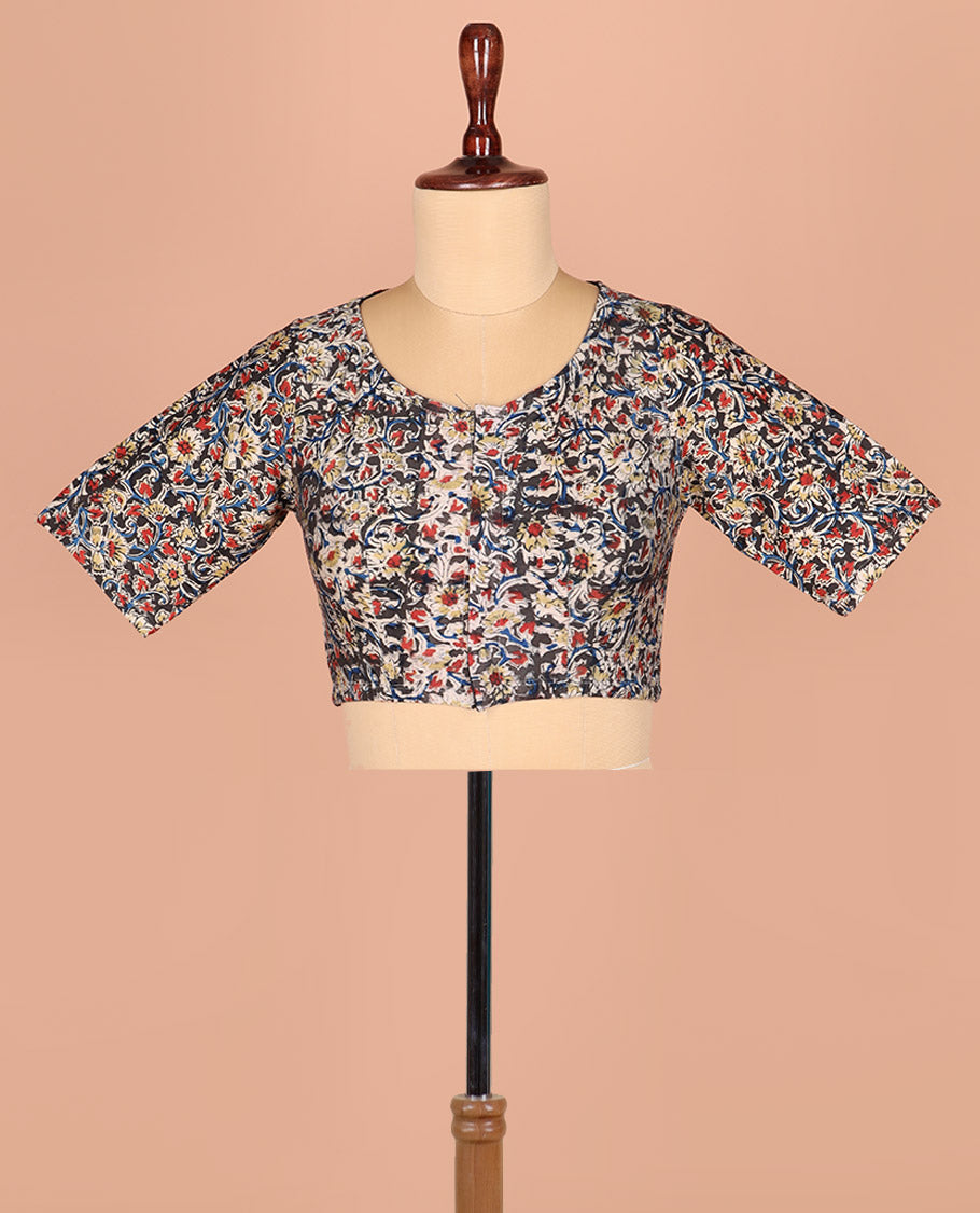 Black Base Readymade Blouse Adorned with Floral Vine Prints, Featuring a Front Round-Neck, a Back Closed Neck, and Elbow Sleeves