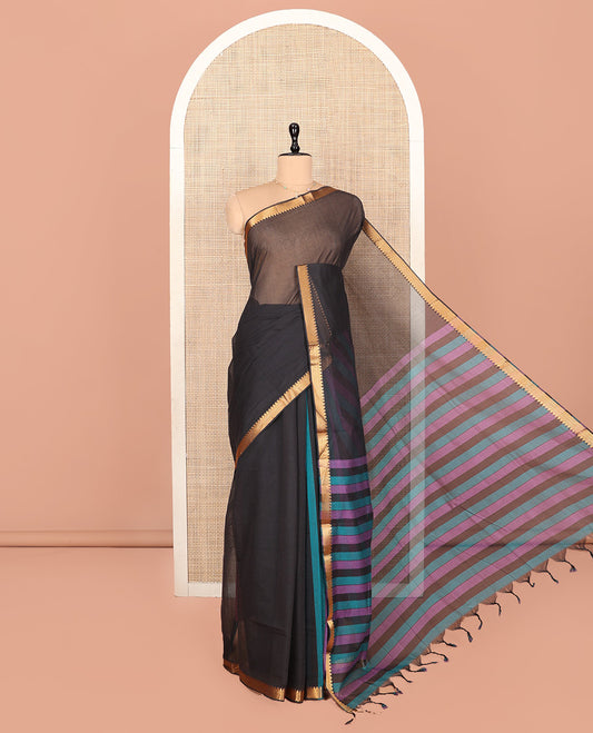 Black Plain Andhra Cotton Saree, Highlighted by a Temple Zari Border, Contrast Striped Pallu, and a Contrast Blouse