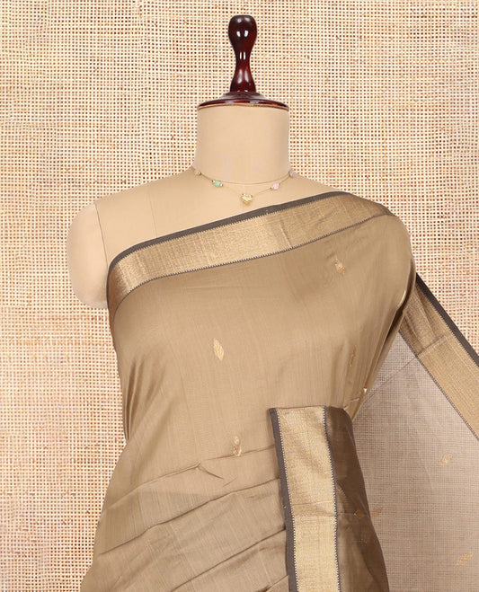 Brown Maheshwari Cotton Saree, Subtly Sparkled with Zari Buttas, a Contrast Chevron Striped Border, Zari Buttas Woven Pallu, and a Contrast Blouse