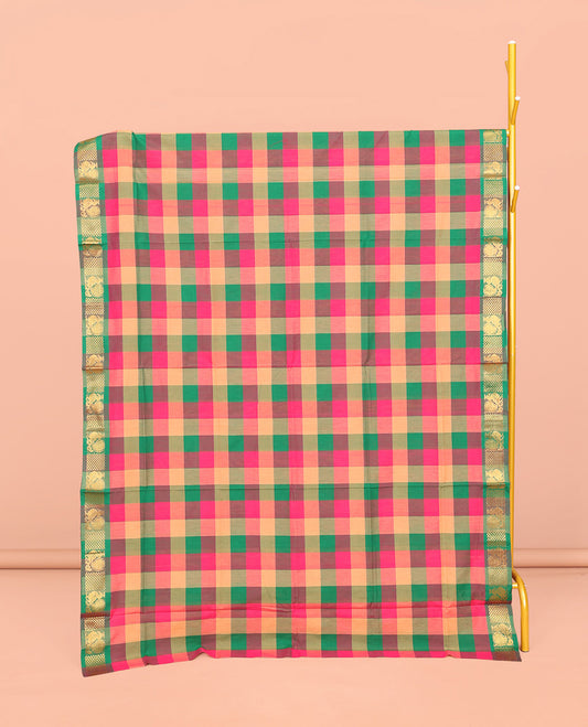 Multi-Color Chettinad Cotton Saree, Decked Up with Checks, Highlighted by Traditional Peacock Border, Striped Pallu, and No Blouse