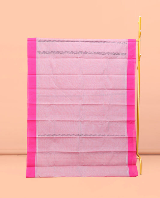 Pink Kanchi Cotton Saree, Adorned with Floral Creeper Design All Over Its Body, Complemented by Contrast Border, Pallu of Paisley Designs, and Paired with a Matching Blouse