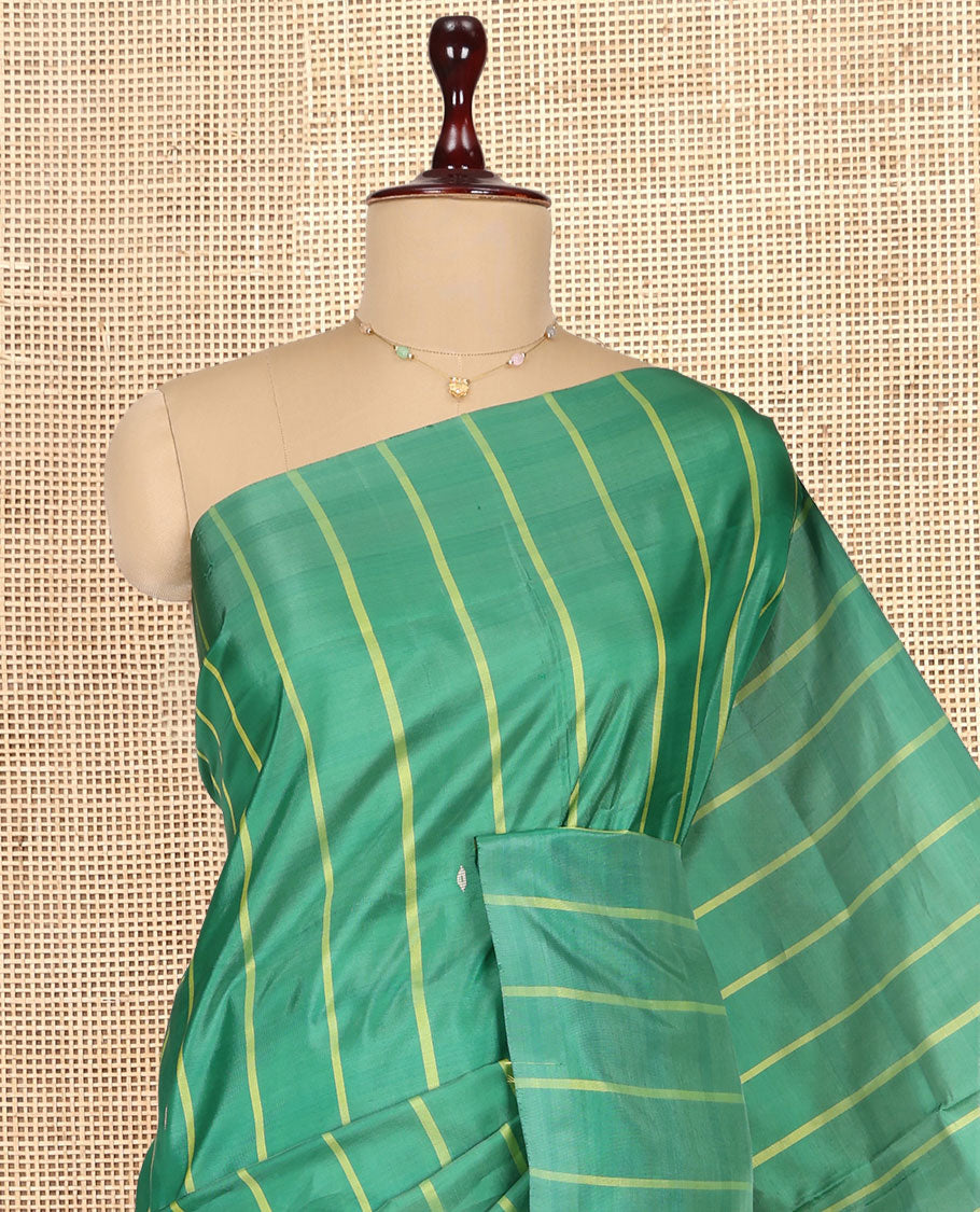 Borderless Green Striped Banana Pith Saree, Woven with Buttas, a Contrast Pallu of Stripes and Buttas, and a Contrast Blouse