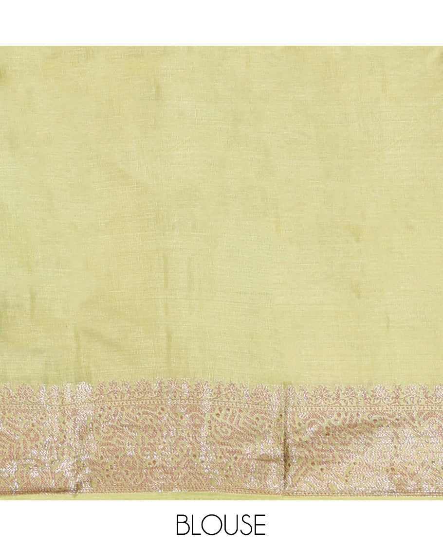 Green Tussar Silk Saree, Elevated with Zari Buttas, a Contrast Zari Border, Grand Pallu, and a Contrast Blouse