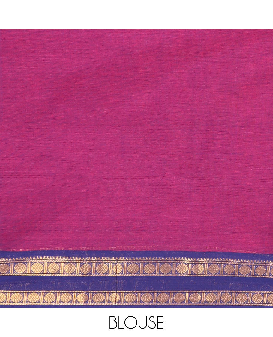 Purple Plain Chettinad Cotton Saree, Complemented by a Contrast Rettai Pettu Rudraksham Border, Striped Pallu, and a Matching Blouse