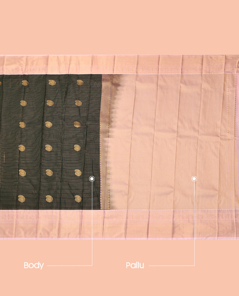 Green Budget Silk Saree, Richly Detailed with Zari Buttas and Checks, Complemented by a Contrast Traditional Zari Border, Grand Pallu, and a Contrast Blouse
