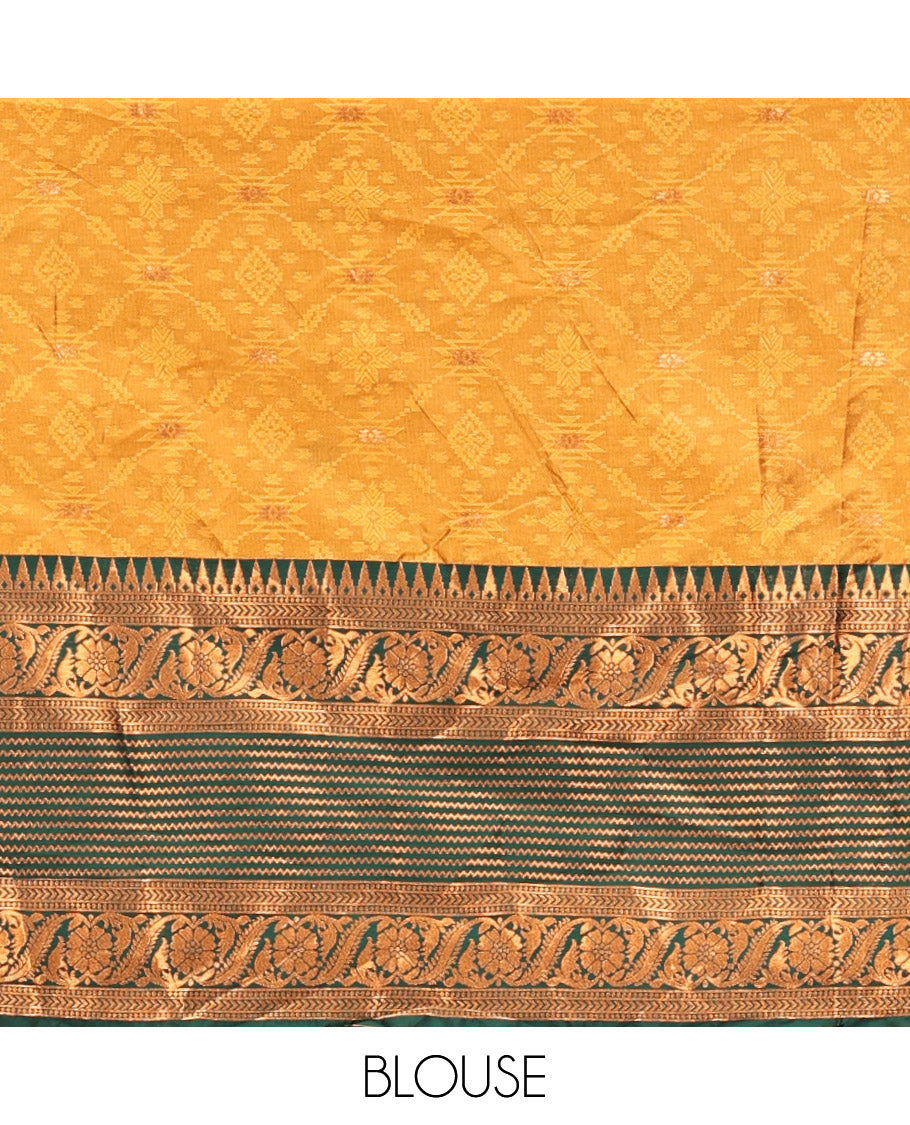 Yellow Art Silk Half Saree, Delicately Woven with Embossed and Buttas Skirt, Contrast Traditional Border, Matching Blouse, and a Contrast Dhavani