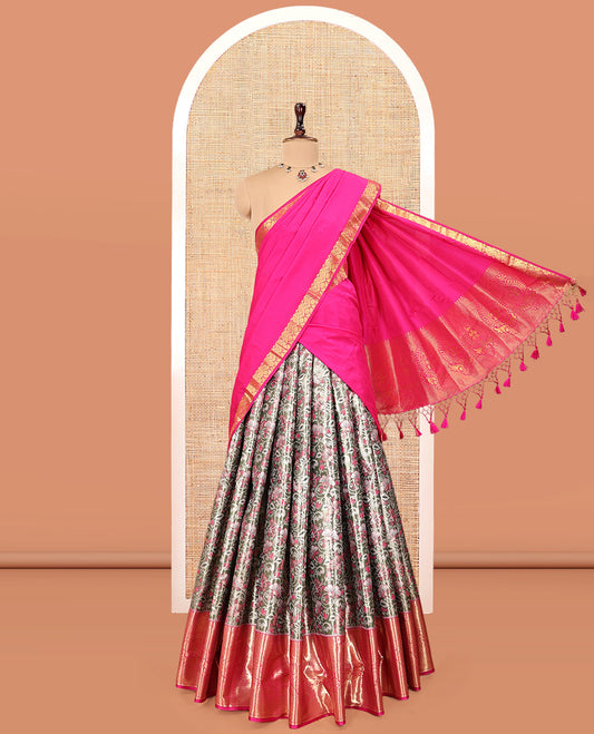 Grey Art Silk Material Half Saree, Richly Detailed with Jacquard Skirt, a Contrast Traditional Zari Border, Contrast Blouse, and an Intricate Dhavani