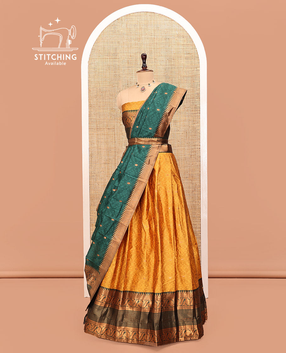 Yellow Art Silk Half Saree, Delicately Woven with Embossed and Buttas Skirt, Contrast Traditional Border, Matching Blouse, and a Contrast Dhavani