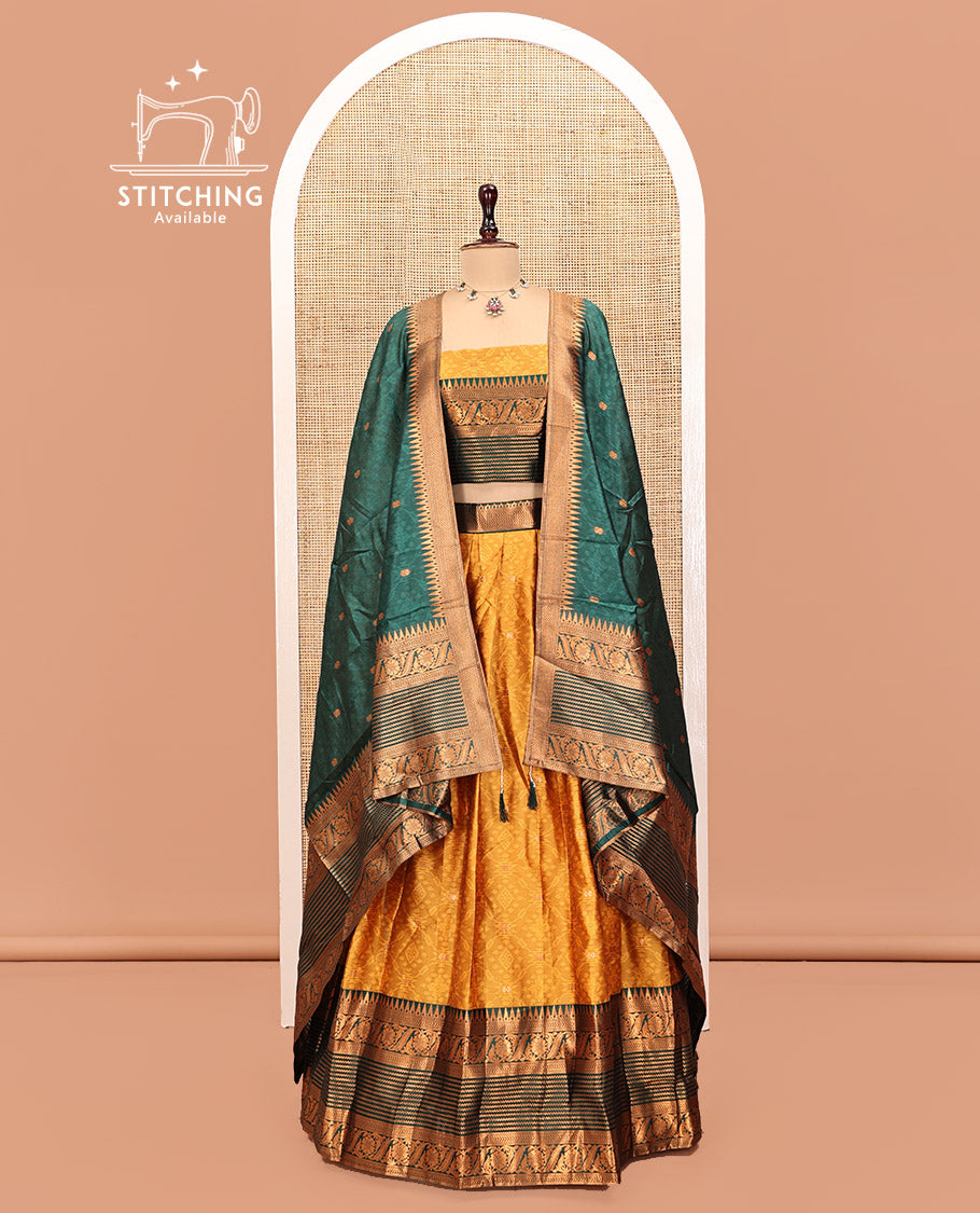 Yellow Art Silk Half Saree, Delicately Woven with Embossed and Buttas Skirt, Contrast Traditional Border, Matching Blouse, and a Contrast Dhavani