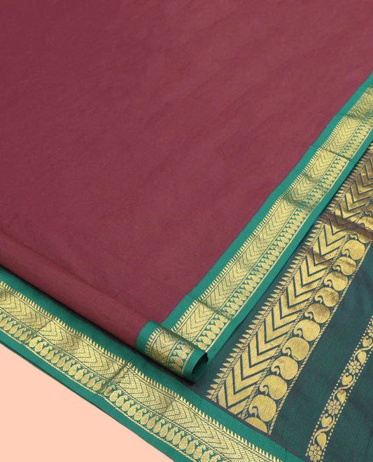Maroon Plain Nine Yard Cotton Saree, Complemented by Contrast Traditional Zari Design Border, Pallu of Traditional  Designs, and Comes Without a Blouse
