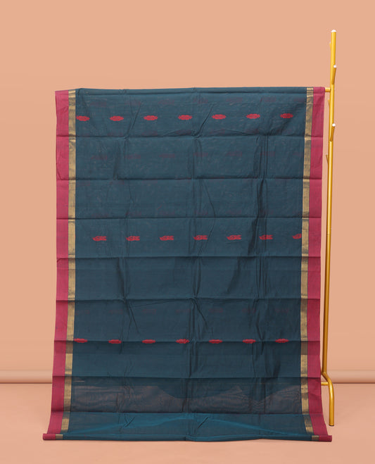 Peacock Blue Kanchi Cotton Saree, Featuring Buttas on Its Body, Contrast Border, Pallu of Floral Design, and a Matching Blouse
