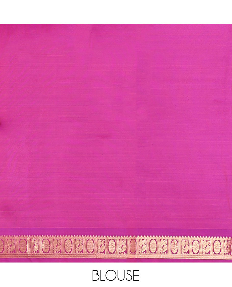 Pink Uppada Silk Saree, Ornamented with Zari Buttas, a Contrast Peacock-Chakram Border, Grand Pallu, and a Contrast Blouse