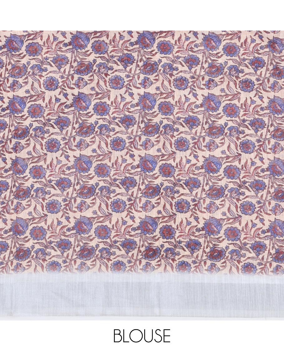 Cream Linen Cotton Saree, Mesmerized with Triangle Motifs Print, a Zari Border, Printed Pallu, and a Contrast Blouse