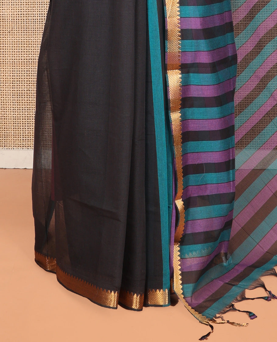 Black Plain Andhra Cotton Saree, Highlighted by a Temple Zari Border, Contrast Striped Pallu, and a Contrast Blouse