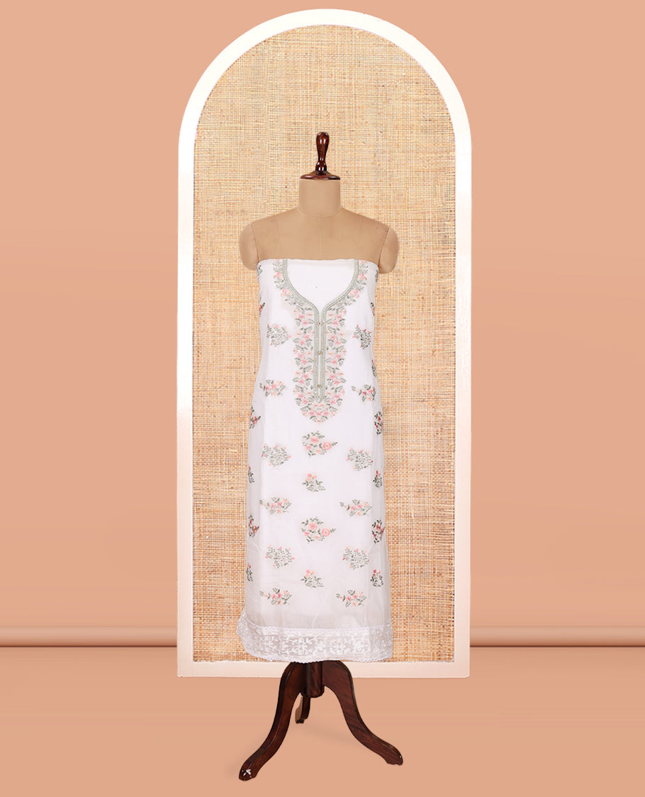 White Chanderi Material Chudiddar, Floral Print Neckwork Top, Plain Bottom, Floral Printed Dupatta