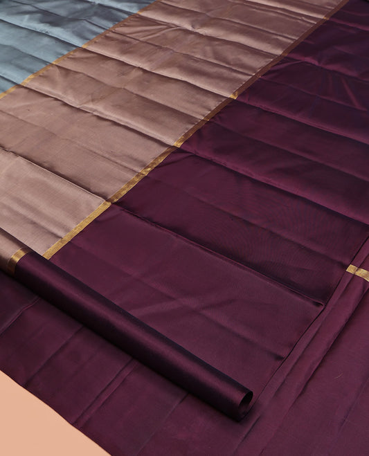 Borderless Multi-Colored Kanchipuram Silk Saree, Elevated with Two-Horizontal Zari Stripes Running on Its Body, a Plain Pallu, and Paired with a Contrast Blouse