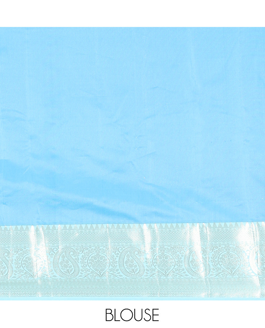 Maroon and Light Blue Budget Silk Saree, Zari Buttas All Over Its Body, With Contrast Traditional Zari Border of Paisley Designs, Grand Pallu, and Paired with a Contrast Blouse