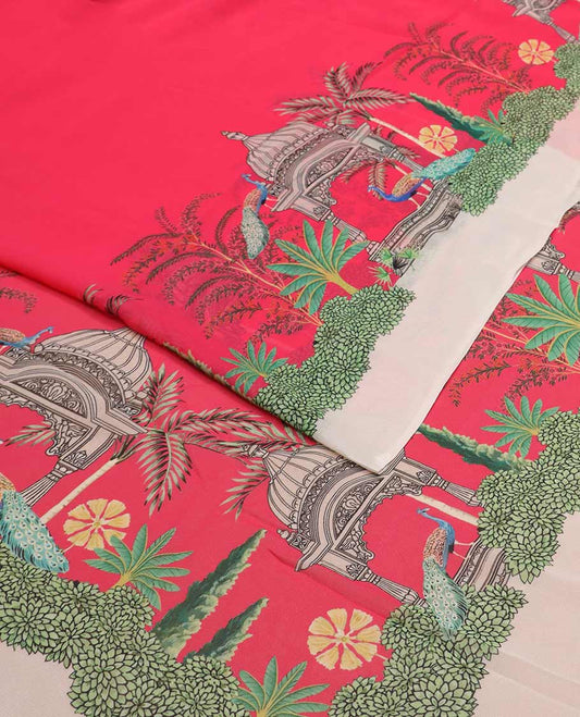 Red georgette saree with contrast forest theme design border
