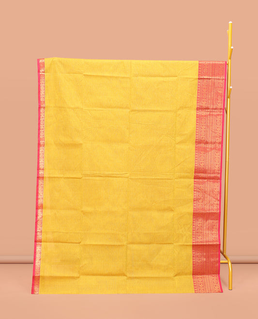 Yellow Plain Chettinad Cotton Saree, Captivating by a Contrast Traditional Zari Design Woven Temple Border, Pallu of Stripes, and Paired with a Matching Blouse