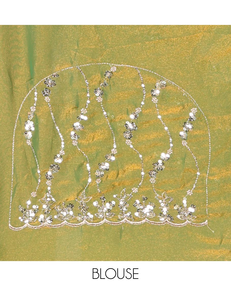 Parrot Green Shimmer Chiffon Saree Elegantly Adorned with Sequins and Thread-Woven Ogee Patterns All Over the Body, Featuring a Scalloped Sequins Work Border, and Paired with a Matching Blouse Embellished with Sequins Work