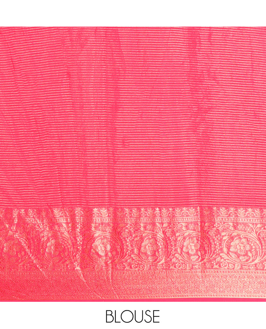Rani Pink Chiffon Saree, Richly Detailed with Ikat-Style Weave and Stonework, a Traditional Border, a Floral Design Pallu, and a Matching Blouse