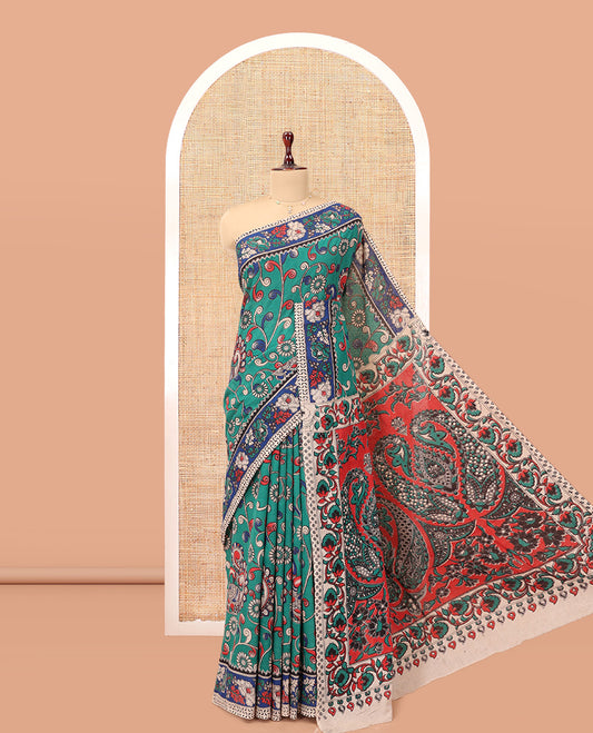 Blue Kalamkari Cotton Saree, Adorned with Floral Vine Print, Contrast Printed Border, Kalamkari Paisley Motifs Pallu, and a Contrast Blouse