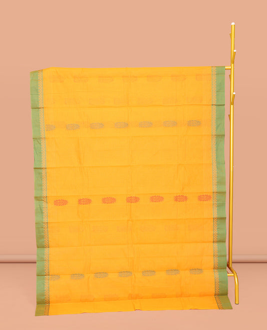 Yellow Chettinad Cotton Saree, Embellished with Buttas All Over Its Body, Complemented by a Contrast Border, Pallu of Paisleys and Checks, and Paired with a Matching Blouse