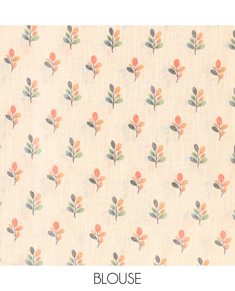 Borderless Sandal Linen Cotton Saree, Elevated with Multi-Color Leaf Buttas, a Self-Pallu, and a Matching Blouse