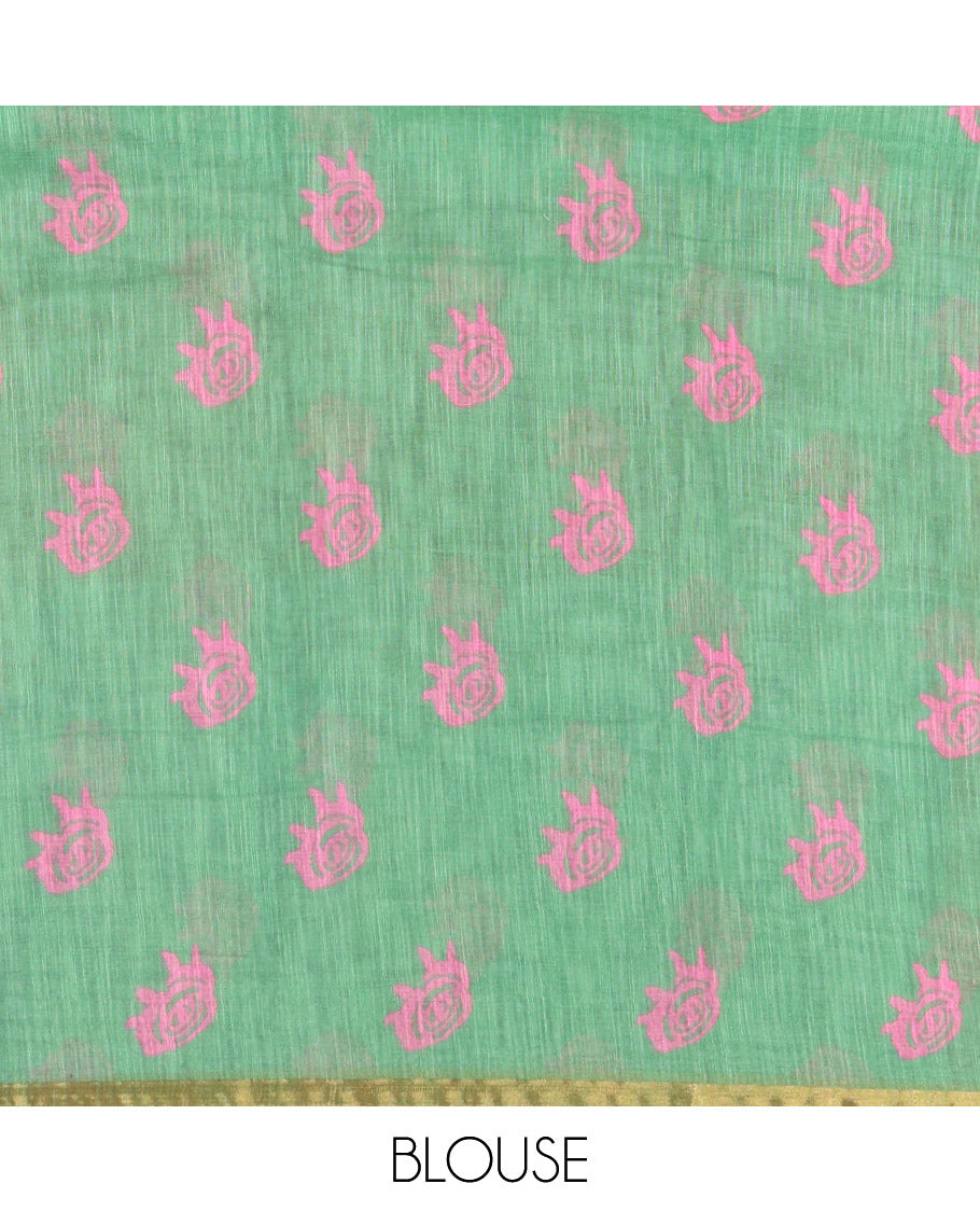 Borderless Magenta Linen Cotton Saree, Bedecked with Macro-Checked Design on Its Body, a Self-Pallu, and Paired with a Contrast-Printed Blouse