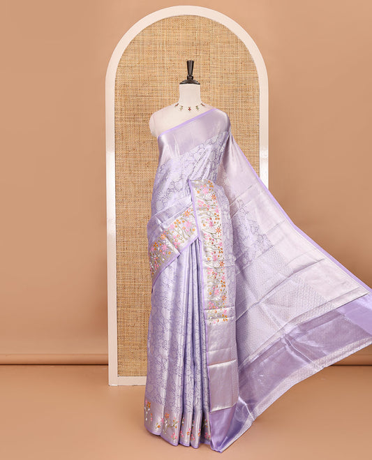 Lavender floral jaal jacquard celebrity tissue saree, zari border of multi-color floral motifs embroidery, jaal pallu & brocade blouse