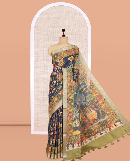 Navy Blue Kalamkari Printed Fancy Tussar Saree