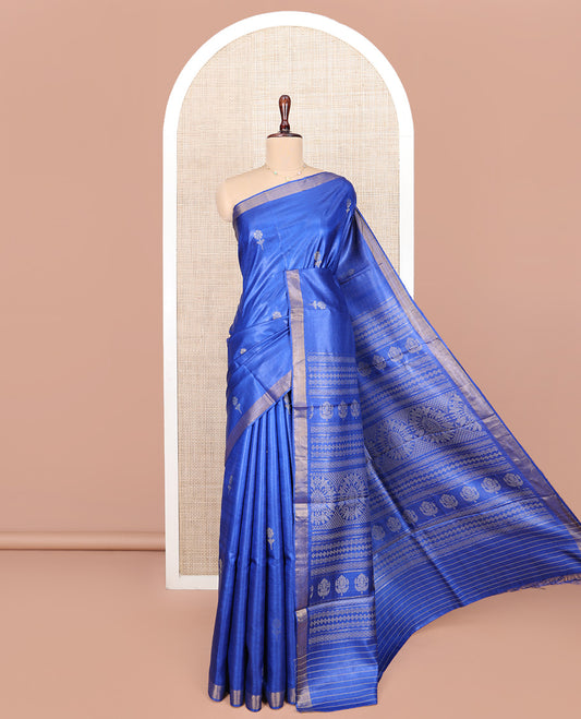 Royal Blue Tussar Silk Saree, Decorated with Floral Buttas All Over Its Body, Subtly Piping Border, Pallu Steeped with Intricate Designs, and Paired with a Matching Blouse