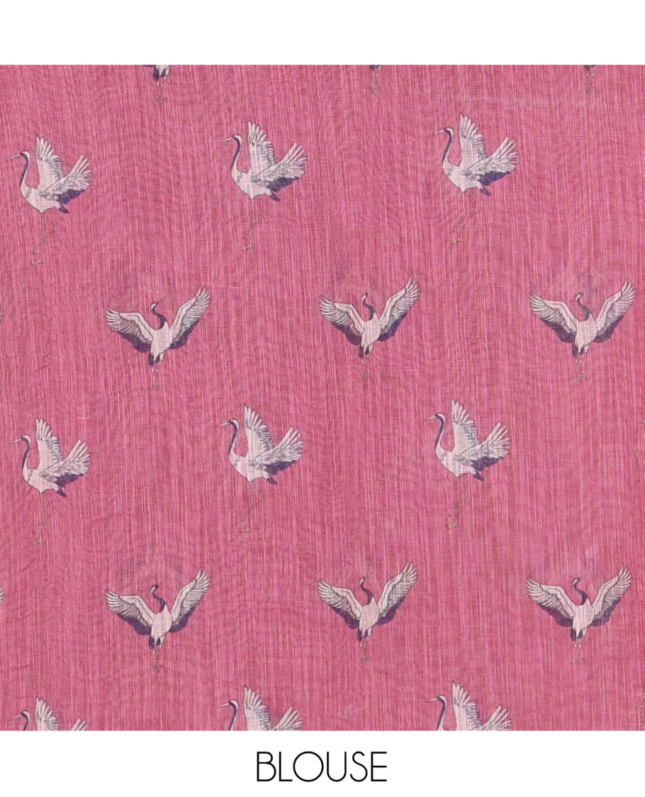 Borderless Pink Linen Cotton Saree, Adorned with Crane Motifs Print, and a Matching Blouse