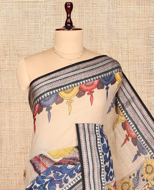 Light Sandal Kalamkari Silk Saree, Finely Crafted with Ancient Human Figurines, a Contrast Traditional Border, Pallu of Ancient Human Figurines, and a Contrast Blouse