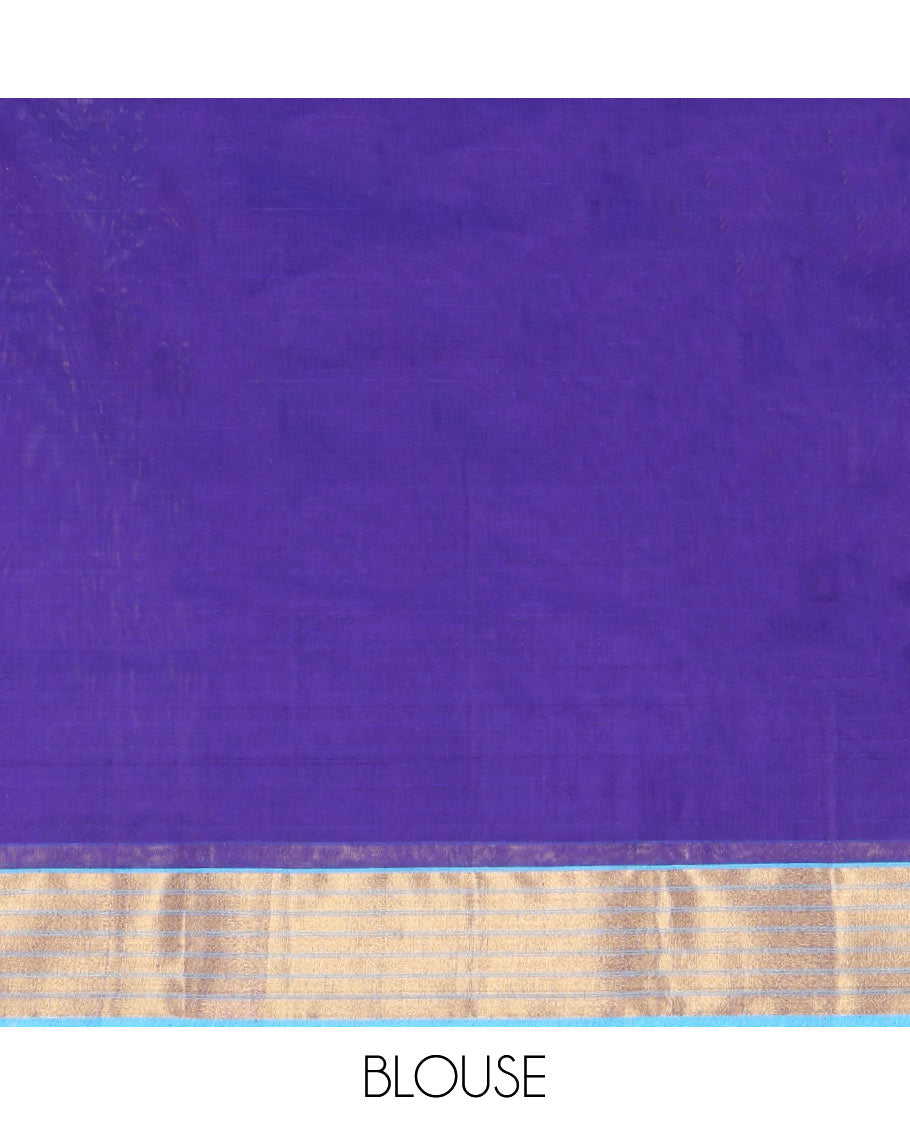 Blue Chanderi Cotton Saree, Enlivened with Leaf Buttas All Over Its Body, Complemented by a Contrast Zari Border, Pallu Steeped with Buttas and Stripes, and Paired with a Matching Blouse