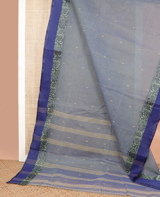 Grey floral motifs bengal cotton saree with contrast floral zari design border & striped, floral design pallu