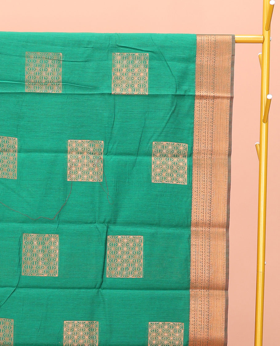 Green Semi-Silk Cotton Saree, Featuring Zari Buttas All Over Its Body, Complemented by a Contrast Traditional Zari Design Border, Pallu of Star Designs, and Paired with a Contrast Blouse