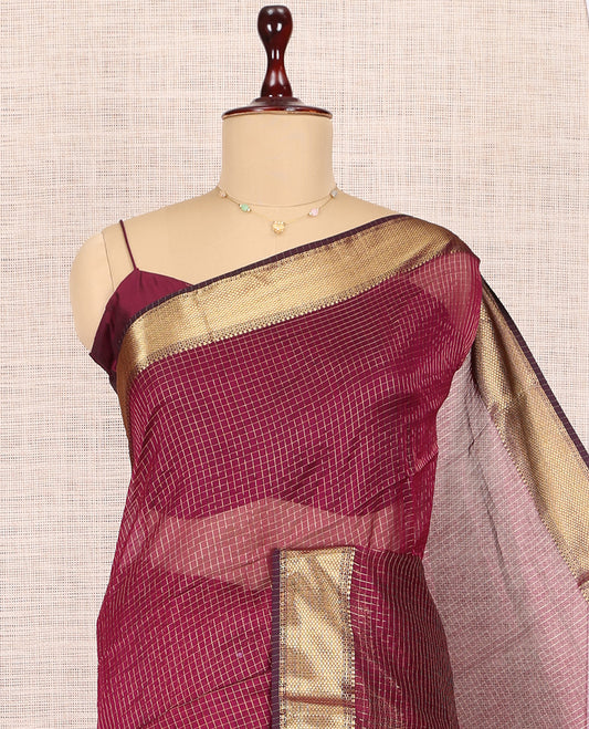 Wine Maheshwari Cotton Saree, Accentuated with Zari Checks, Highlighted by a Traditional Zari Border, Gleaming Zari Woven Pallu, and a Matching Blouse