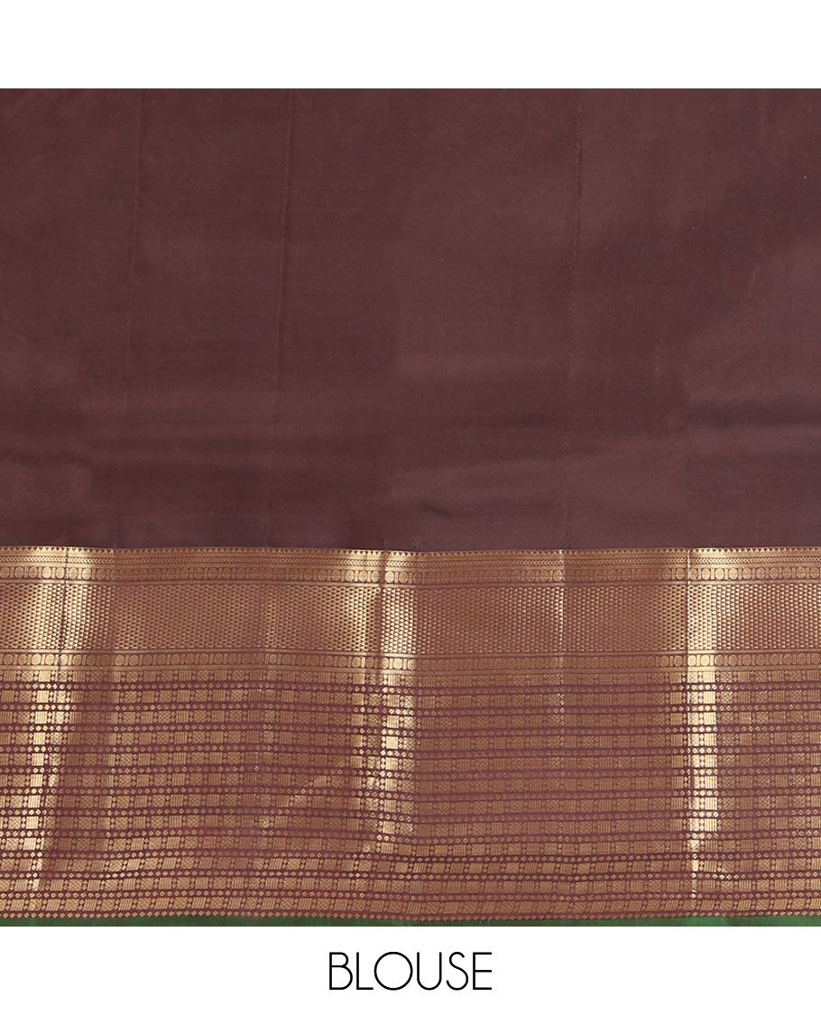 Orange Vasundhara Lite Silk Mix Saree, Graced with Zari Buttas on Its Body, Complemented by a Contrast Border of Rekku, Kathir, Rudraksham, Ara Maadam, and Mayil Kann Designs, Geometric Textured Pallu, and Paired with a Contrast Blouse