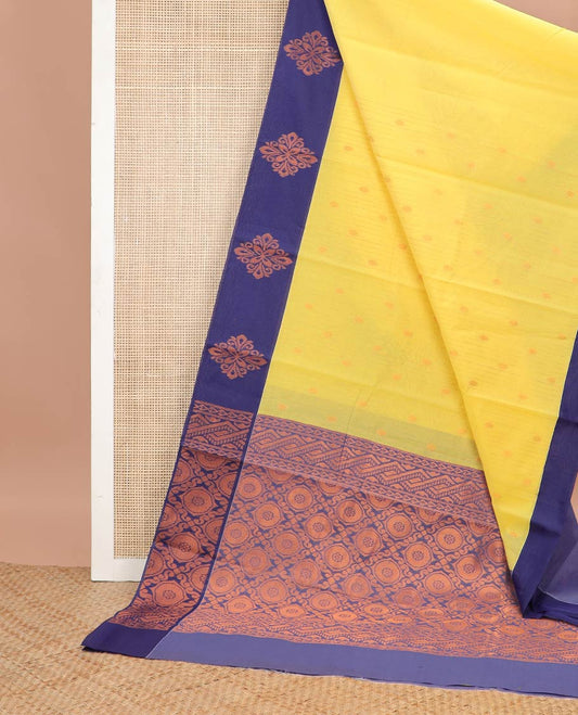 Yellow striped, floral motifs semi silk cotton saree with contrast floral design border & checked floral design pallu