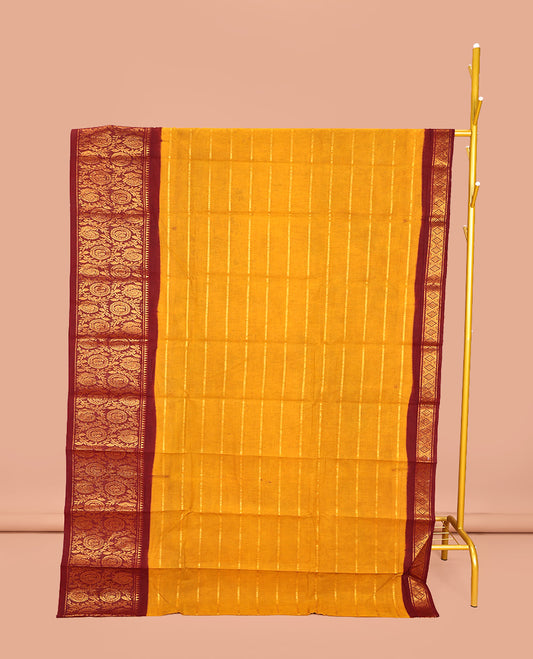Yellow Sungudi Cotton Saree, Adorned with Stripes on Its Body, Complemented by a Contrast Border of Round Peacock and Floral Vine Designs, Zari Striped Pallu, and Has No Blouse