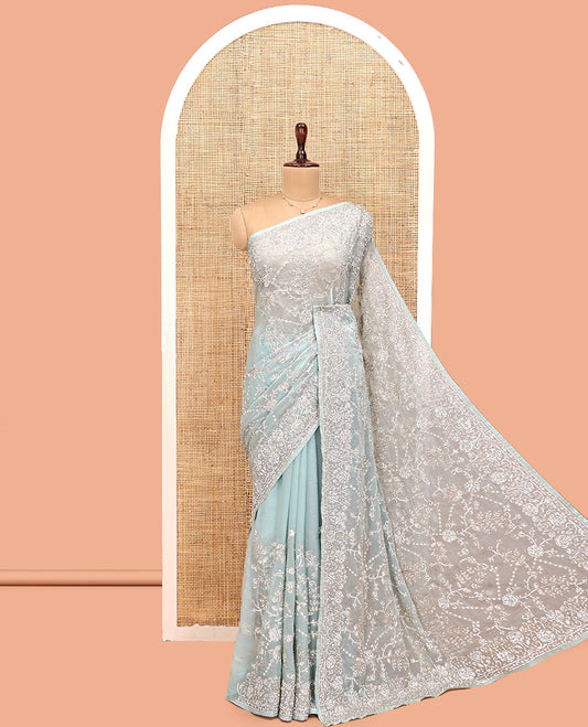 Pale Blue Designer Saree, Sparsely Detailed with Floral Vine Stone Embroidery, a Stone Embroidered Border, and a Matching Blouse