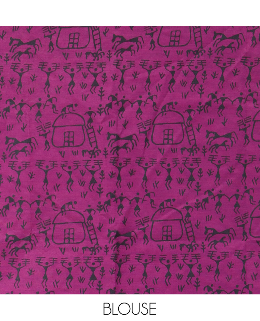 Borderless Purple South Cotton Saree Features Traditional Village-Theme Print, and a Matching Blouse