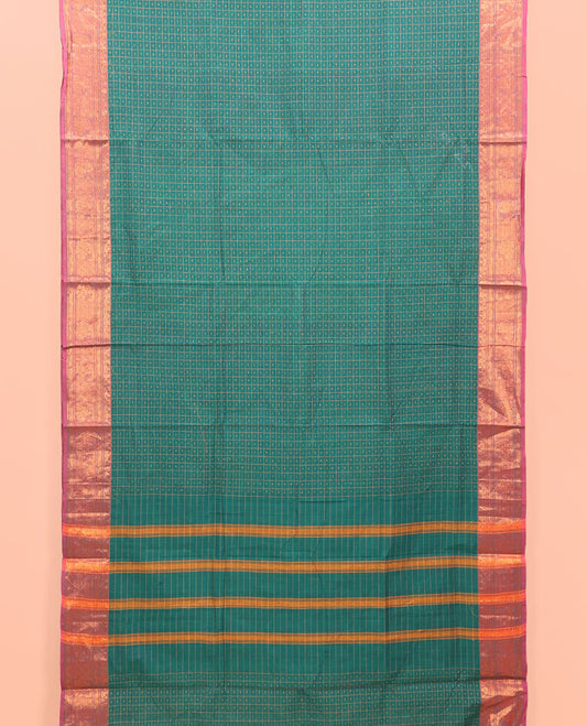 Green Nine-Yard Cotton Saree, Adorned with Butta Enclosed Checked Design on Its Body, Complemented by a Contrast Traditional Zari Border, Striped Pallu, and Comes Without a Blouse