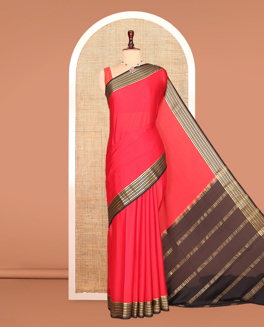 Red Plain Mysore Silk Saree, Complemented by a Contrast Traditional Zari Border, Zari Striped Pallu, and a Contrast Blouse