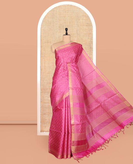 Pink Sparsely Textured Tussar Silk Saree, a Subtle Piping Border, a Self-Pallu, and a Matching Blouse