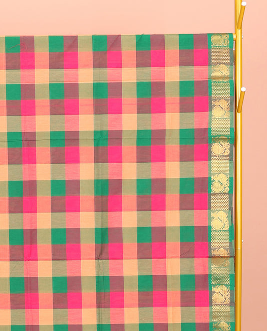 Multi-Color Chettinad Cotton Saree, Decked Up with Checks, Highlighted by Traditional Peacock Border, Striped Pallu, and No Blouse
