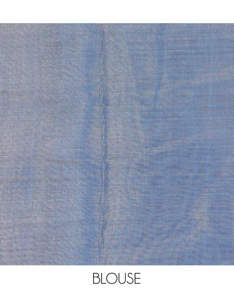 Borderless Cream-Blue Tissue Saree Features Floral Print, a Floral Printed Pallu, and a Contrast Blouse